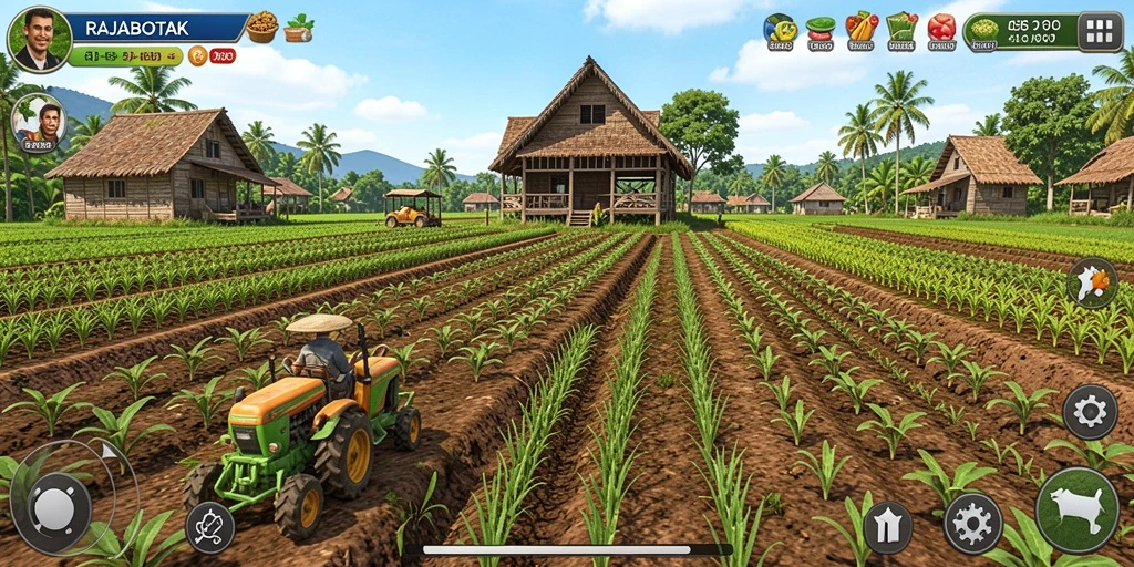 Tangkapan layar utama RAJABOTAK menampilkan gameplay pertanian yang seru dan interaktif.