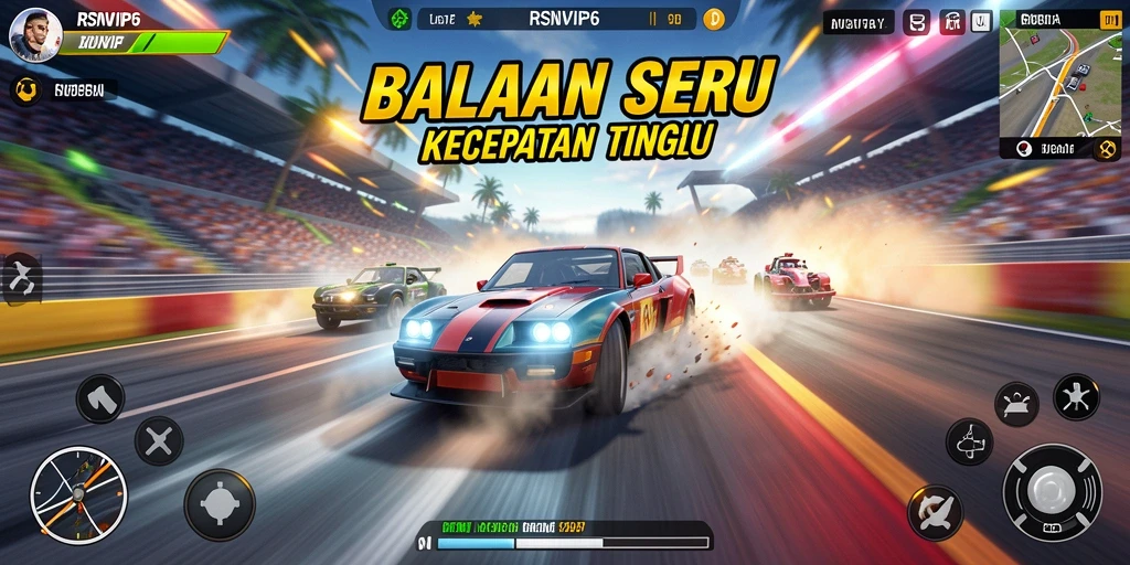 Tangkapan layar menunjukkan balapan intens dengan mobil yang melaju kencang.
